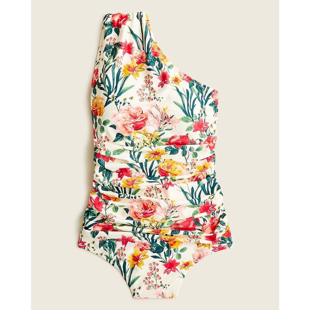 NWT J. Crew One-Shoulder Floral One-Piece Swimsuit Ruched Bathing Suit Size 14